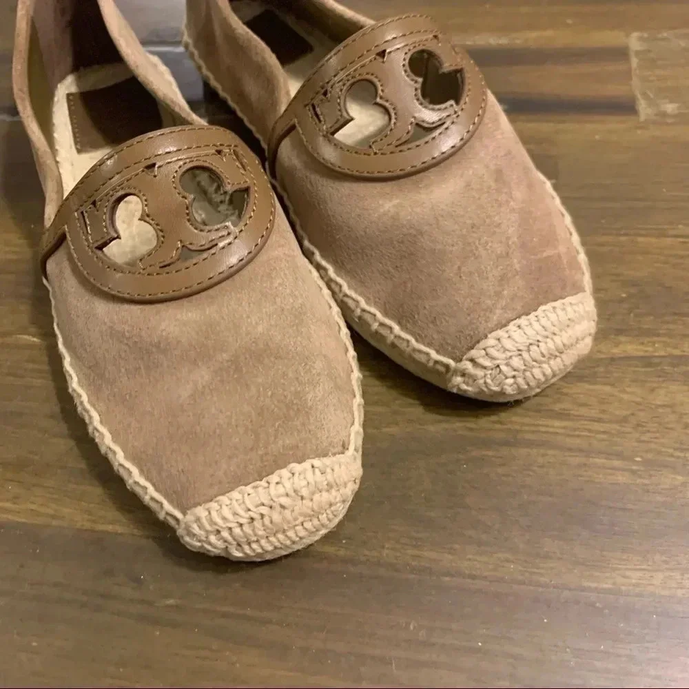 Tory Burch Sydney Espadrilles Flats Slip On Suede Leather Large Logo Olive Green